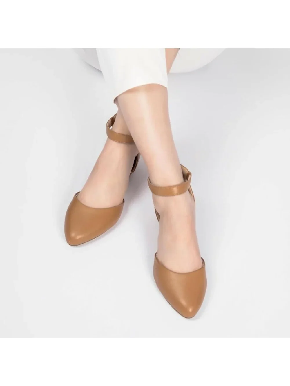 Women's Tan Pu Leather Flats Ankle Strap Comfortable Pointed Toe Dress Shoes